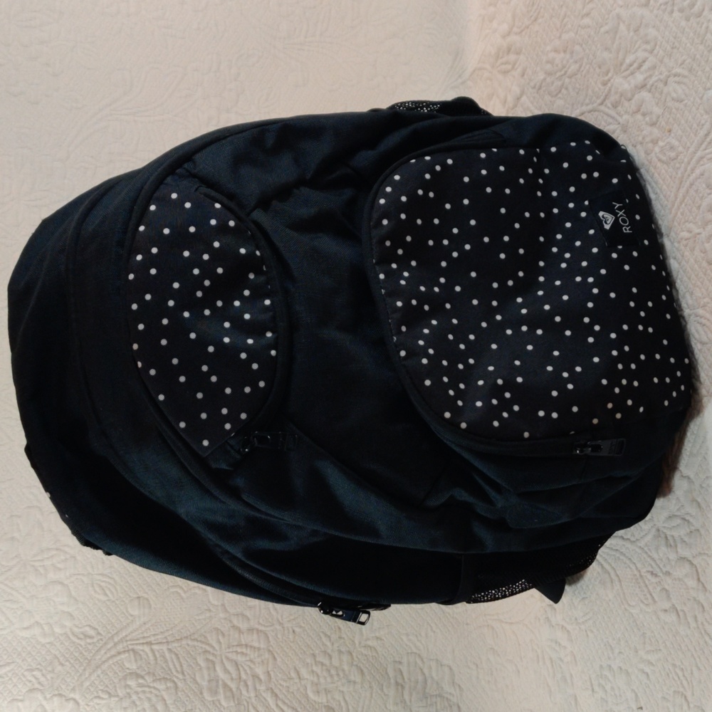 Roxy Black With White Polka Dot Accented Backpack